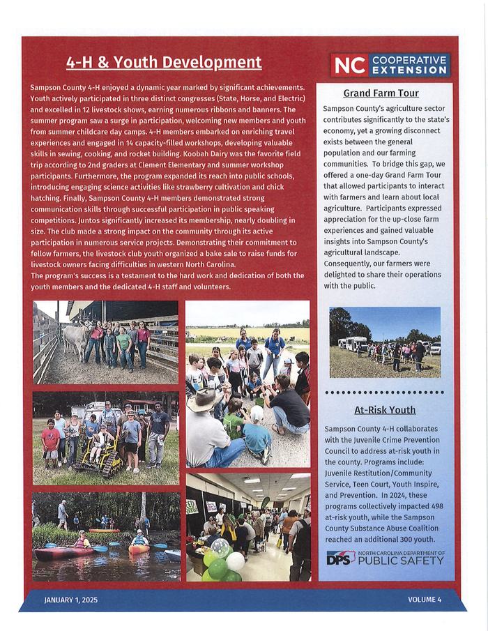 4-H & Youth Development newsletter page with youth activity photos and NC Cooperative Extension logo