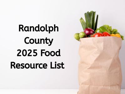 grocery bag filled to top with vegetables and title: Randolph County 2025 Food Resource List