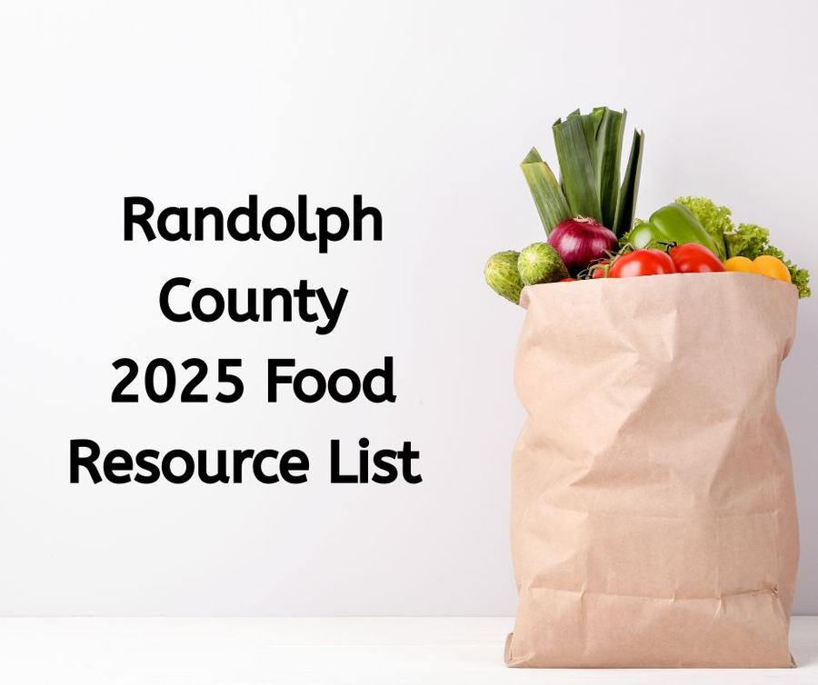 grocery bag filled to top with vegetables and title: Randolph County 2025 Food Resource List