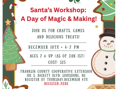 Santa's Workshop informational flyer with date, time registration info.