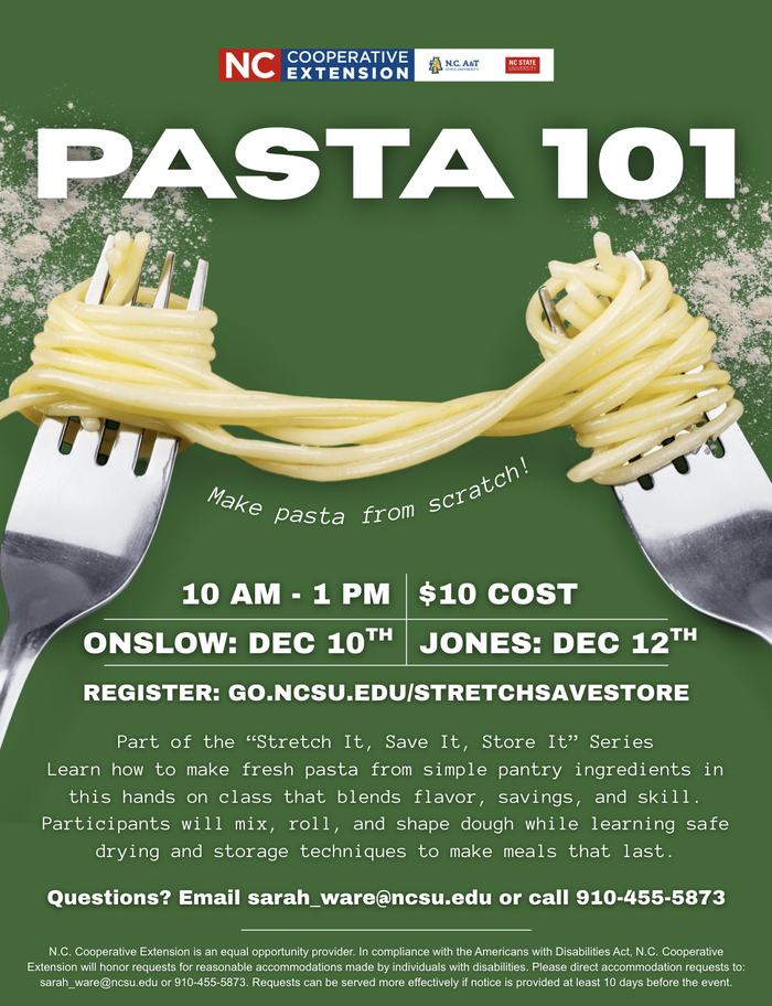 PASTA 101 banner with two forks of spaghetti — 10 AM–1 PM, $10; Onslow Dec 10; Jones Dec 12