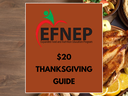 $20 Thanksgiving Guide cover from the EFNEP (Expanded Food and Nutrition Education Program) against a background of holiday foods.