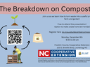 Compost class date, time, location, registration info. flyer with image of woman working at a compost bin and showing a growing cycle of plant