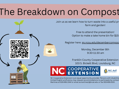 Compost class date, time, location, registration info. flyer with image of woman working at a compost bin and showing a growing cycle of plant