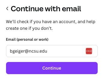 Screenshot of Canva screen for "continue with email" login