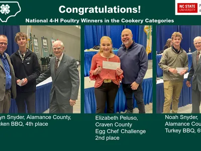 Three 4-H poultry cookery winners holding envelopes: Aedyn 4th, Elizabeth 2nd, Noah 6th