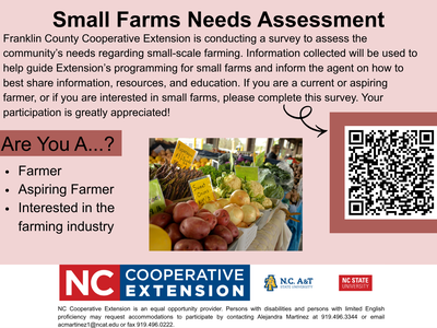 Small Farms Needs Assessment flyer with QR code and image of market vegetables for sale