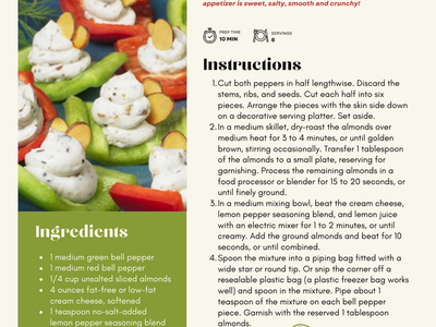 Recipe card titled "Red & Green Bell Pepper Bites" with photo of stuffed pepper bites and ingredients.