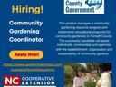 Flyer reads We're Hiring Communiity Gardening Coordinator