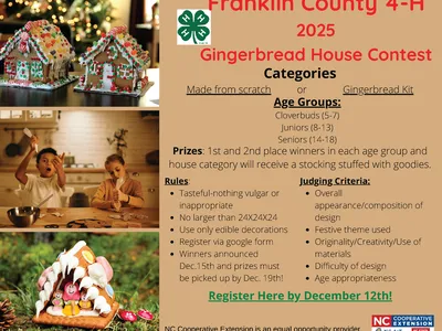 2025 Gingerbread House Competition flyer with images of gingerbread houses, categories, age groups, rules and judging criteria and registration link