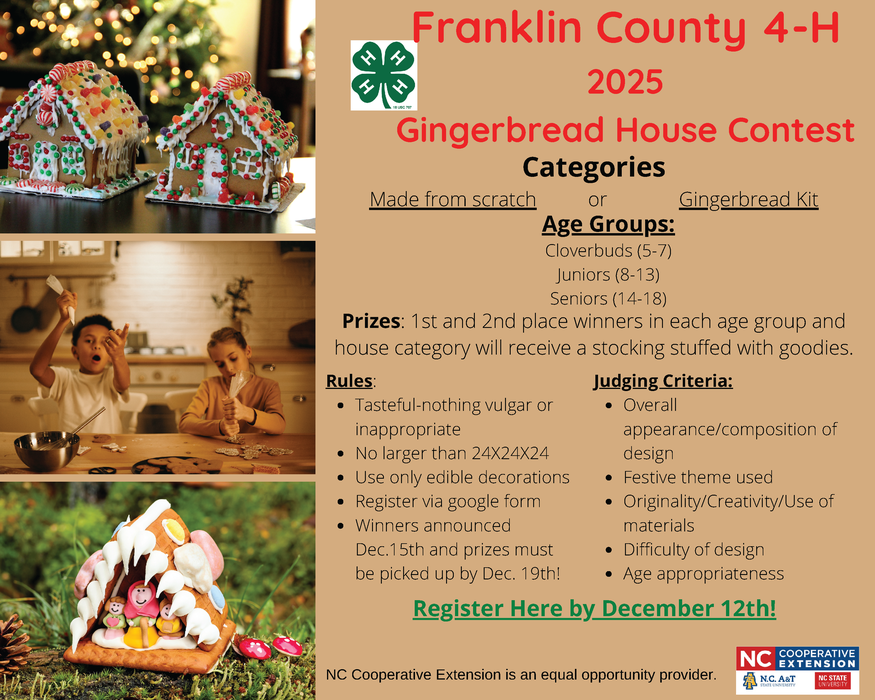 2025 Gingerbread House Competition flyer with images of gingerbread houses, categories, age groups, rules and judging criteria and registration link