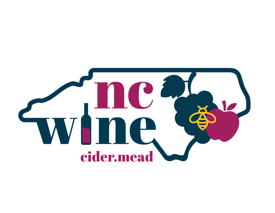 North Carolina outline with text "nc wine" and "cider.mead", grapes, apple, and bee.