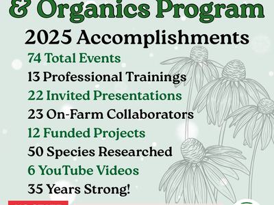 a list of the number of events, trainings, research projects, etc. done by the NC Alternative Crops and Organics Program n 2025