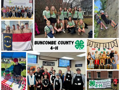 Collage of Buncombe County 4-H youth in group photos and activities; text "BUNCOMBE COUNTY 4‑H"