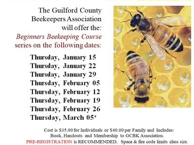 Guilford County Beekeepers Association flyer — Beginner Beekeeping Course 2026 with session dates listed