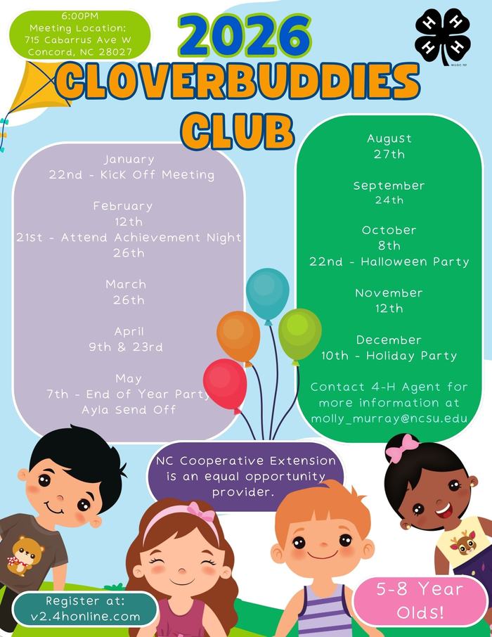 2026 Cloverbuddies Club schedule and meeting dates; ages 5–8; register v2.4honline.com