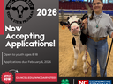Young person holding a dairy calf in a show arena; text: "Now Accepting Applications! 2026"