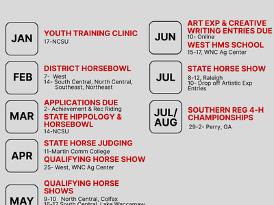 2026 NC State 4-H Horse Program events calendar with monthly event listings