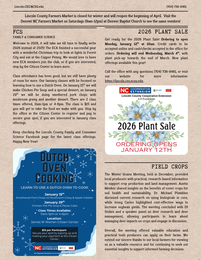third page of the January 2026 Newsletter with FCS, 2026 Plant Sale, & Field Crop updates