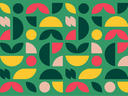 Main 4-H pattern on a green background featuring repeated geometric shapes such as semicircles, leaves, circles, and curved forms in official 4-H colors: Sunflower, Tomato, Kale, and Cherry Blossom.