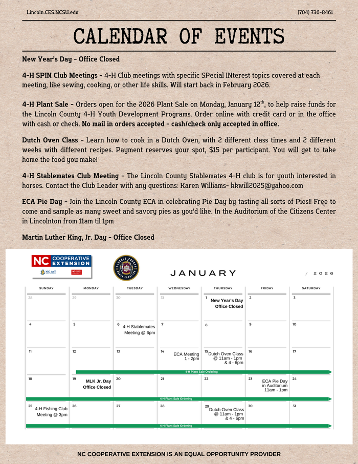 final page of the January 2026 Newsletter with calendar of events