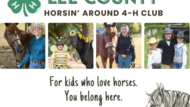 Poster for Lee County Horsin' Around 4‑H Club: green 4‑H clover and bold title at top, a row of four photos of kids with horses, the tagline "For kids who love horses. You belong here.", a Learn More button and horse sketch.