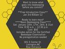 Beginner Bee Class — Davidson County Beekeepers; free intro Jan 3; classes Jan 10–31