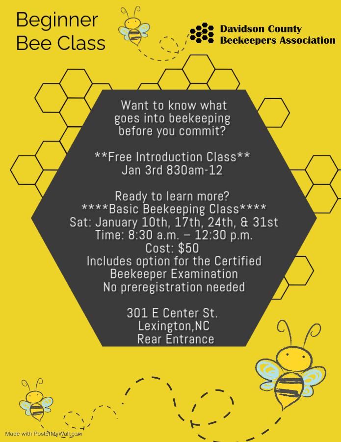 Beginner Bee Class — Davidson County Beekeepers; free intro Jan 3; classes Jan 10–31