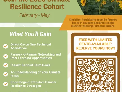 Flyer for the Carolina Farm Stewardship Association's "Join the 2026 Climate Resilience Cohort" program, running February to May. It features a farm scene with sunflowers and a greenhouse. Eligibility is limited to farmers in counties declared major disas
