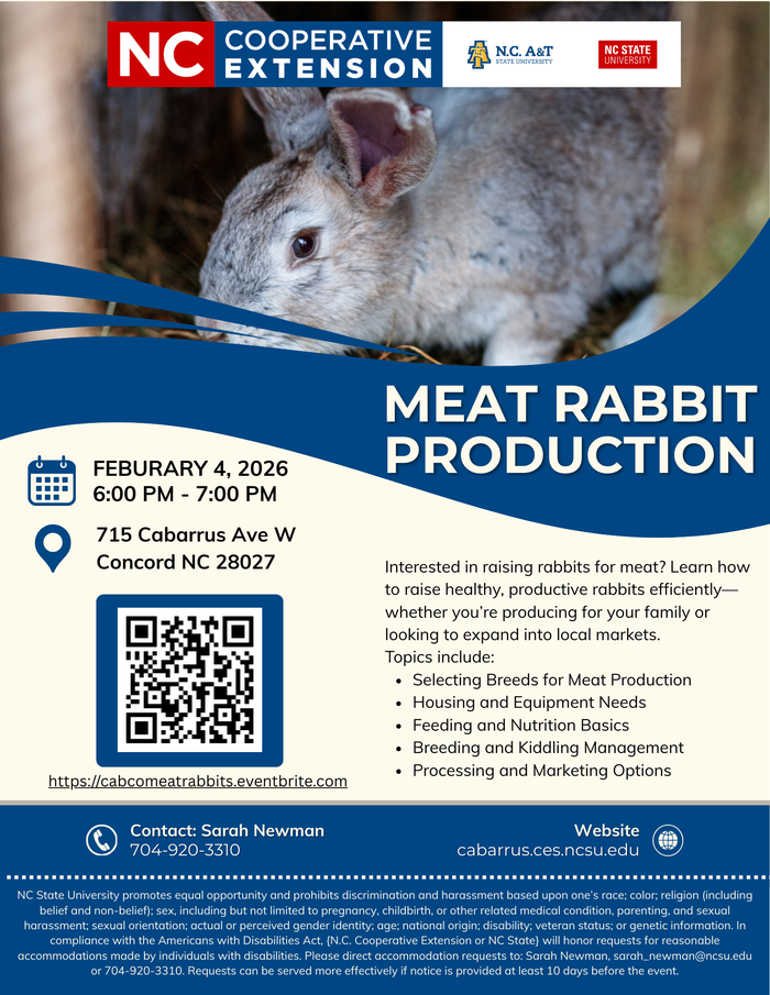 Meat Rabbit Production flyer with rabbit photo; Feb 4, 2026 6–7 PM; 715 Cabarrus Ave W, Concord NC