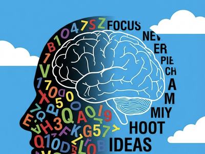 An outline of the human head is seen in profile againt a blue sky with puffy clouds. A schematic of the human brain is juxaposed, surrounded by letters and number. At the right hand side of the image recognizable words are forming.