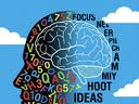 An outline of the human head is seen in profile againt a blue sky with puffy clouds. A schematic of the human brain is juxaposed, surrounded by letters and number. At the right hand side of the image recognizable words are forming.