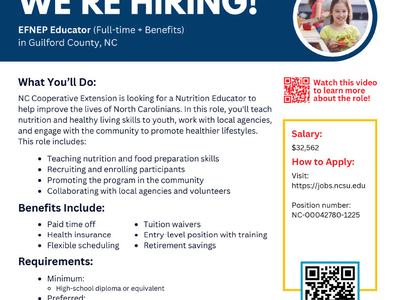 NC Cooperative Extension is looking for a Nutrition Educator to help improve the lives of North Carolinians. In this role, you'll teach nutrition and healthy living skills to youth, work with local agencies, and engage with the community to promote health