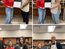 Woman in red handing framed certificates to four different people in a kitchen setting