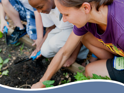 Horticulture Grant Winners Graphic featuring an image of kids gardening with a teacher.