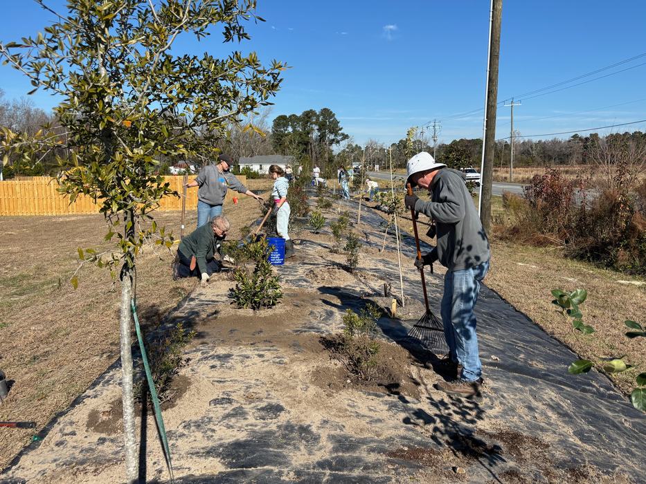 Extension Master Gardeners and volunteers work to plant a berm at Haven Place community. Photo courtesy of Amy Mead