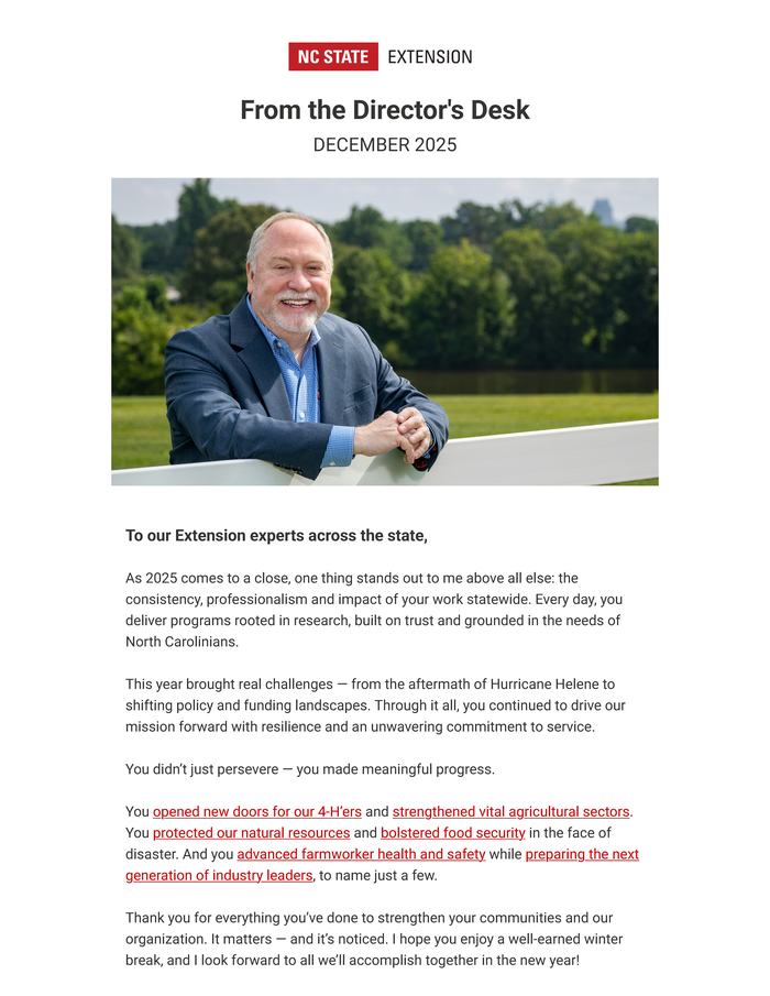 Cover page of the From the Director's Desk-December 2025 edition of NC State Extension Director David Monks' monthly newsletter.