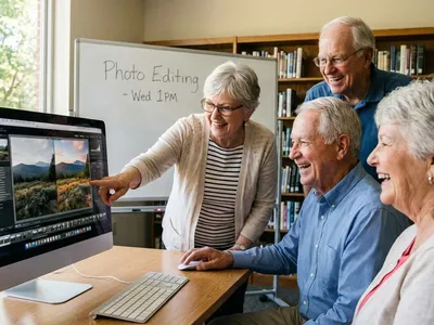 Seniors sitting around a computer editing photos. AI generated