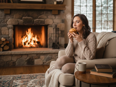 A woman in a cozy, cream-colored cable-knit sweater sits in a plush armchair by a glowing stone fireplace. She is holding a large, steaming muffin up to her face as if to enjoy its aroma. The room is warm and inviting, featuring a rustic wooden mantel, a 