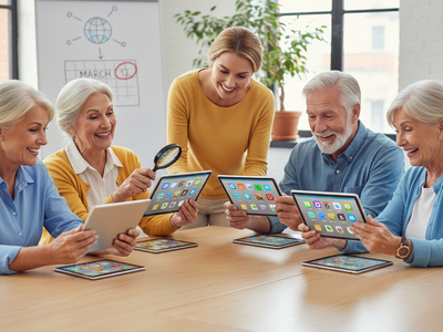 Seniors gathered around looking at tablets.