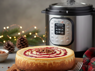 A golden cheesecake topped with red sauce and pecans sits on a wooden board. A steaming multi-cooker (pressure cooker) is visible in the background, surrounded by holiday decorations like pinecones and lights.