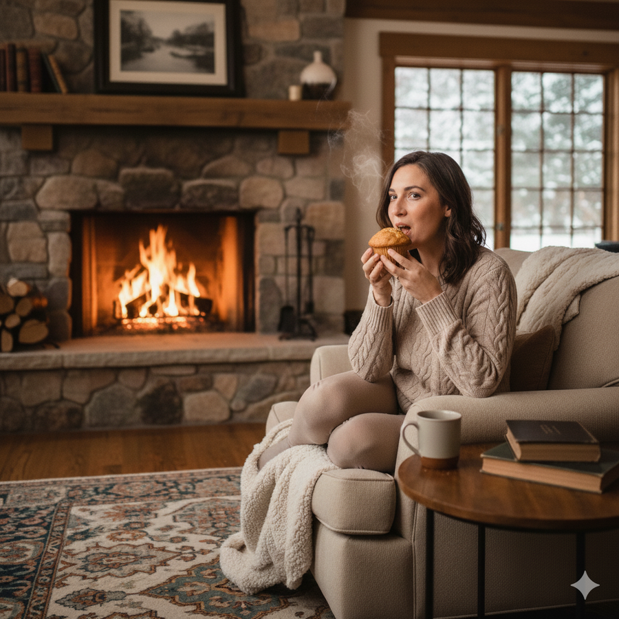 A woman in a cozy, cream-colored cable-knit sweater sits in a plush armchair by a glowing stone fireplace. She is holding a large, steaming muffin up to her face as if to enjoy its aroma. The room is warm and inviting, featuring a rustic wooden mantel, a patterned rug, and a side table with a mug and a stack of books. A large window in the background shows a glimpse of a snowy outdoor scene.