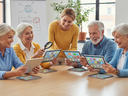 Seniors gathered around looking at tablets.