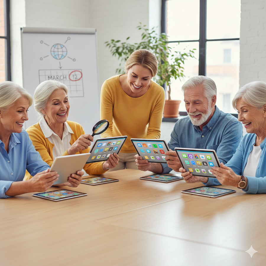 Seniors gathered around looking at tablets.