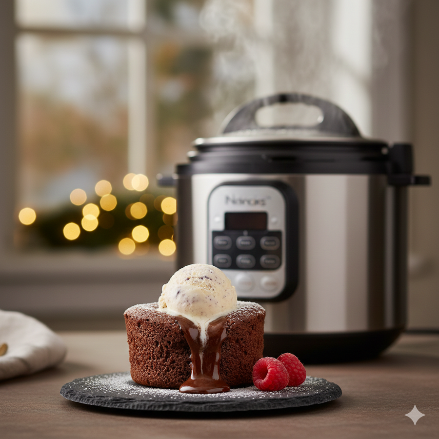 A rich chocolate cake topped with ice cream and powdered sugar sits in front of a steaming multi-cooker.