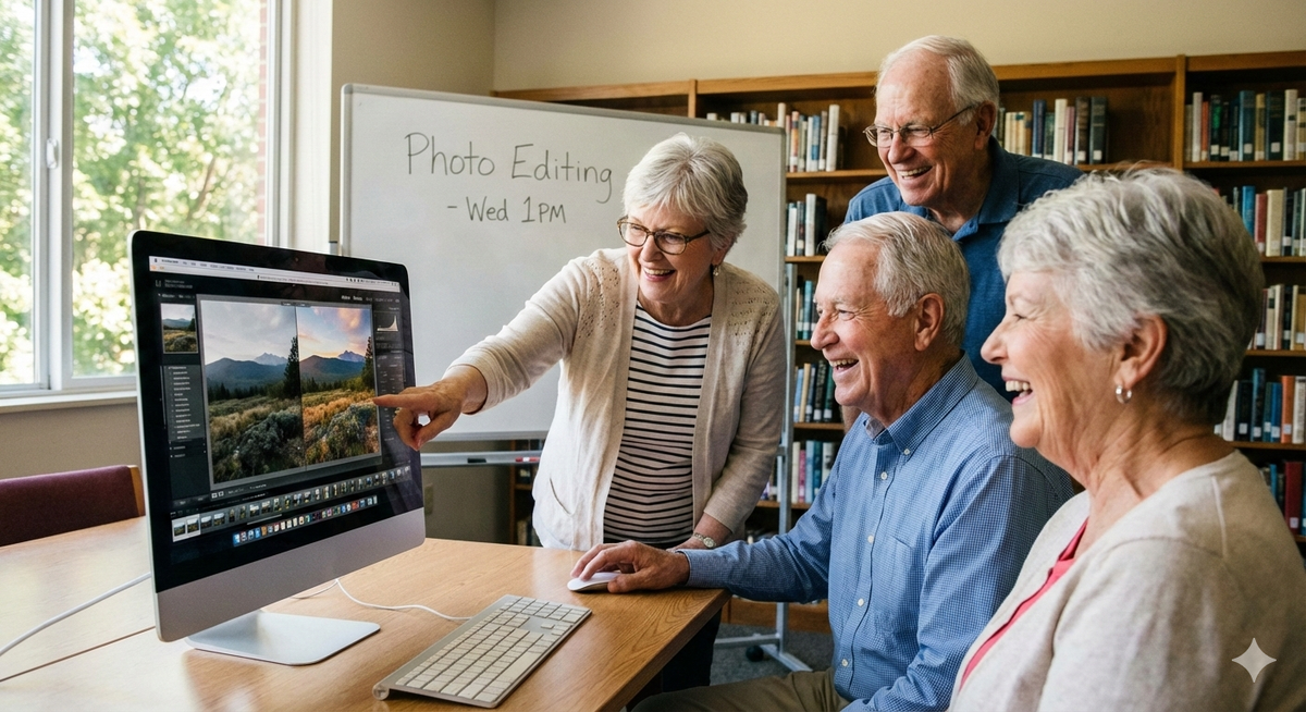 Seniors sitting around a computer editing photos. AI generated