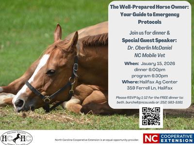 Horse lying on grass; flyer text: "The Well-Prepared Horse Owner — Emergency Protocols," Jan 15 2026
