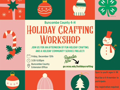 Buncombe County 4-H Holiday Crafting Workshop flyer — Dec 12, 3:30–5:00pm, register online
