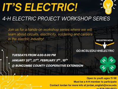 It's Electric! 4‑H electric workshop series — Tuesdays 4–5 PM Jan 20, 27; Feb 3, 10