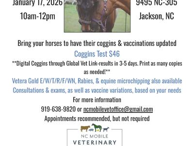 Equine Coggins & Vaccine Clinic flyer: Jan 17, 2026 10am-12pm Northampton Ext 9495 NC-305